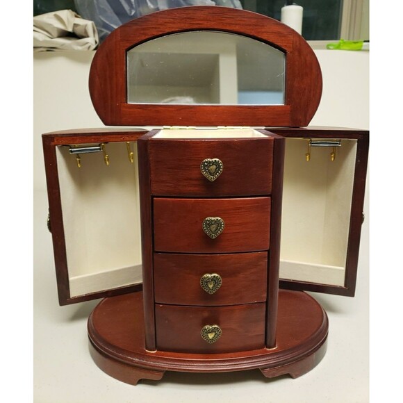 Vintage Mele & Co Wood Jewelry Box Mahogany Double Sided Drawers 9"Hx10L wMirror - Picture 3 of 16